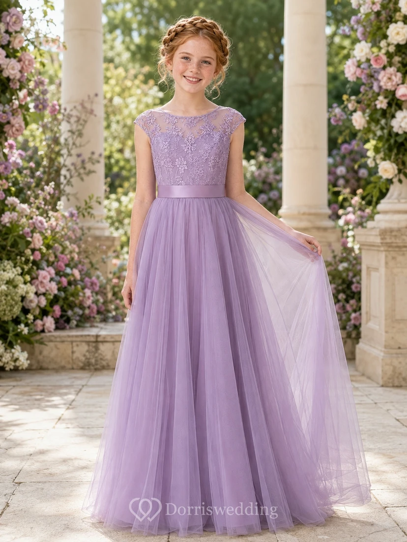Amethystfarbenes Brautjungfernkleid, A-Linie, eckig, kurze Ärmel, Tüll, gestuft, romantisch, formell