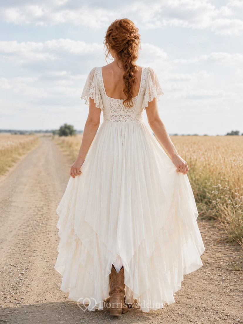 Maternity Wedding Dress Spaghetti Strap Lace Gown with Split Front and Beach Train view 2
