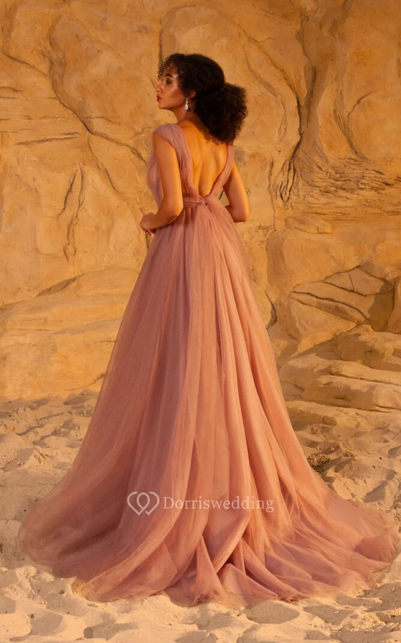 Chiffon-Abendkleid in Empire-Linie mit tiefem Ausschnitt, Falten, Schleife und tiefem V-Ausschnitt am Rücken view 2