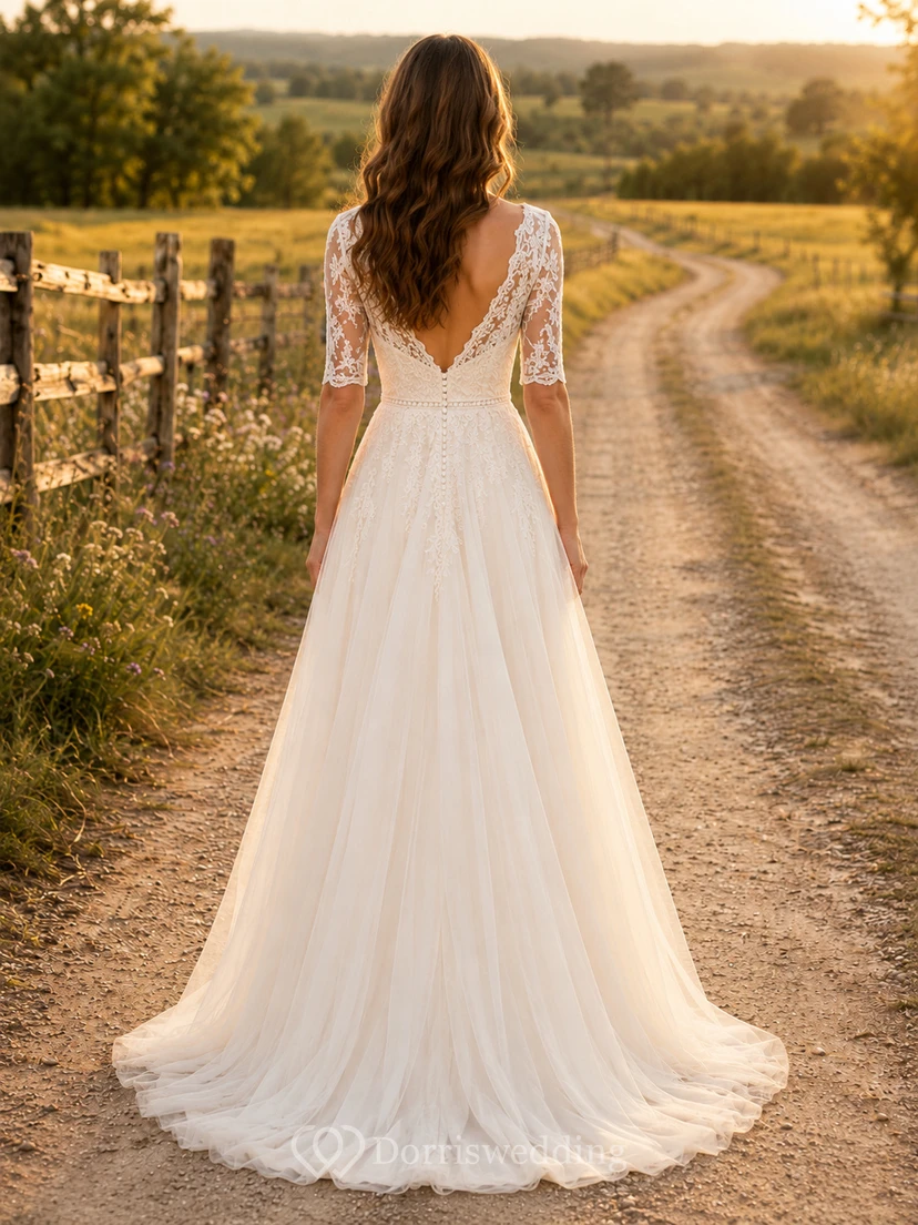 Robe de mariée de maternité à épaules dénudées et manches papillon en dentelle, robe de plage view 2