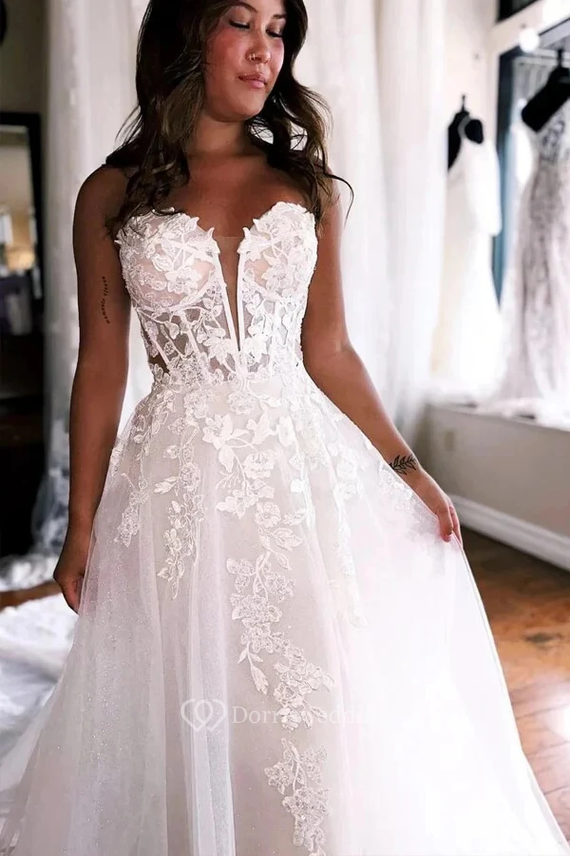 Sweetheart Tüll-Ballkleid mit Kerbe und Spitze, A-Linien-Schnitt view 3