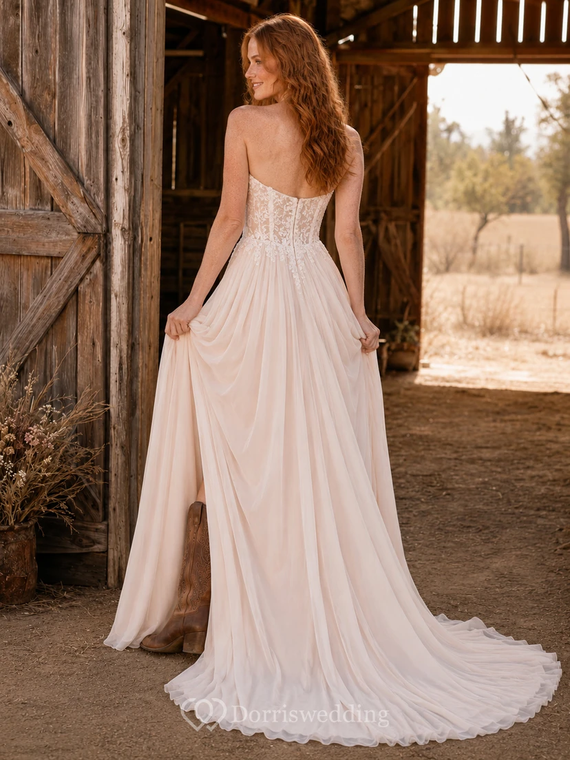 Blush Sweetheart A-Line Wedding Dress with Lace Bodice and Split Tulle Skirt view 2