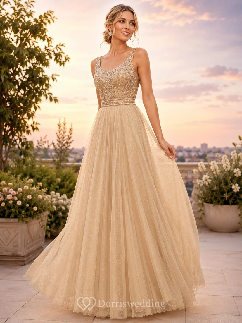 Champagne Romantic Spaghetti-Strap Tulle A-Line Floor-Length Elegant Evening Dress