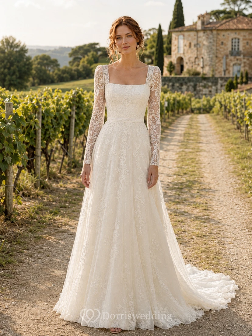 Brautkleid aus Chiffon im Landhausstil, A-Linie, eckiger Ausschnitt, lange Ärmel, bodenlang, tiefer V-Ausschnitt am Rücken