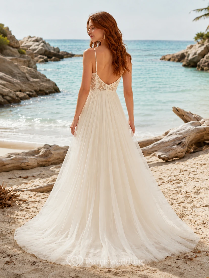 Beach Chiffon Wedding Dress A-Line Spaghetti Strap Floor Length Open Back Bridal Gown view 2