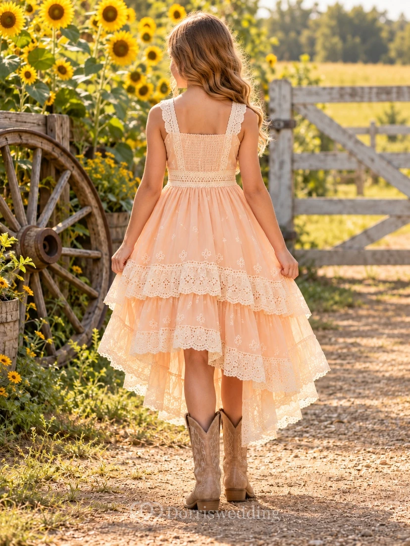 Western Papaya Square Neck Lace High-Low Tiered Flower Girl Dress view 2
