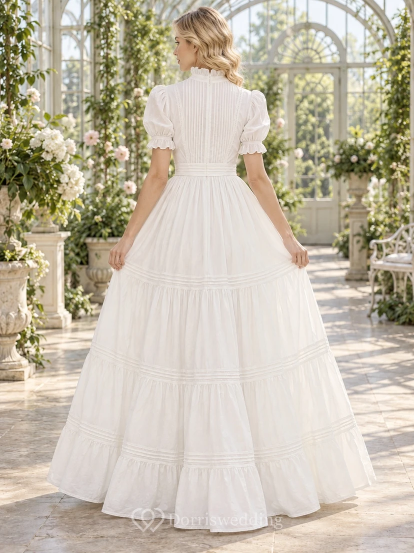 High Neck Puff Sleeve Pintucked Ruffled Tiered Woven Romantic Full-Length Wedding Dress view 2