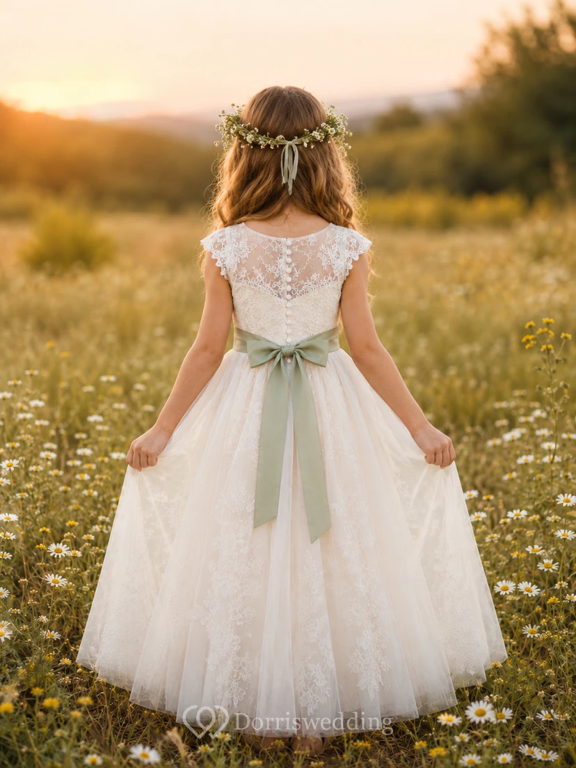 Blumenmädchenkleid mit Spitzenmieder, Tüll und salbeigrüner Schärpe view 2