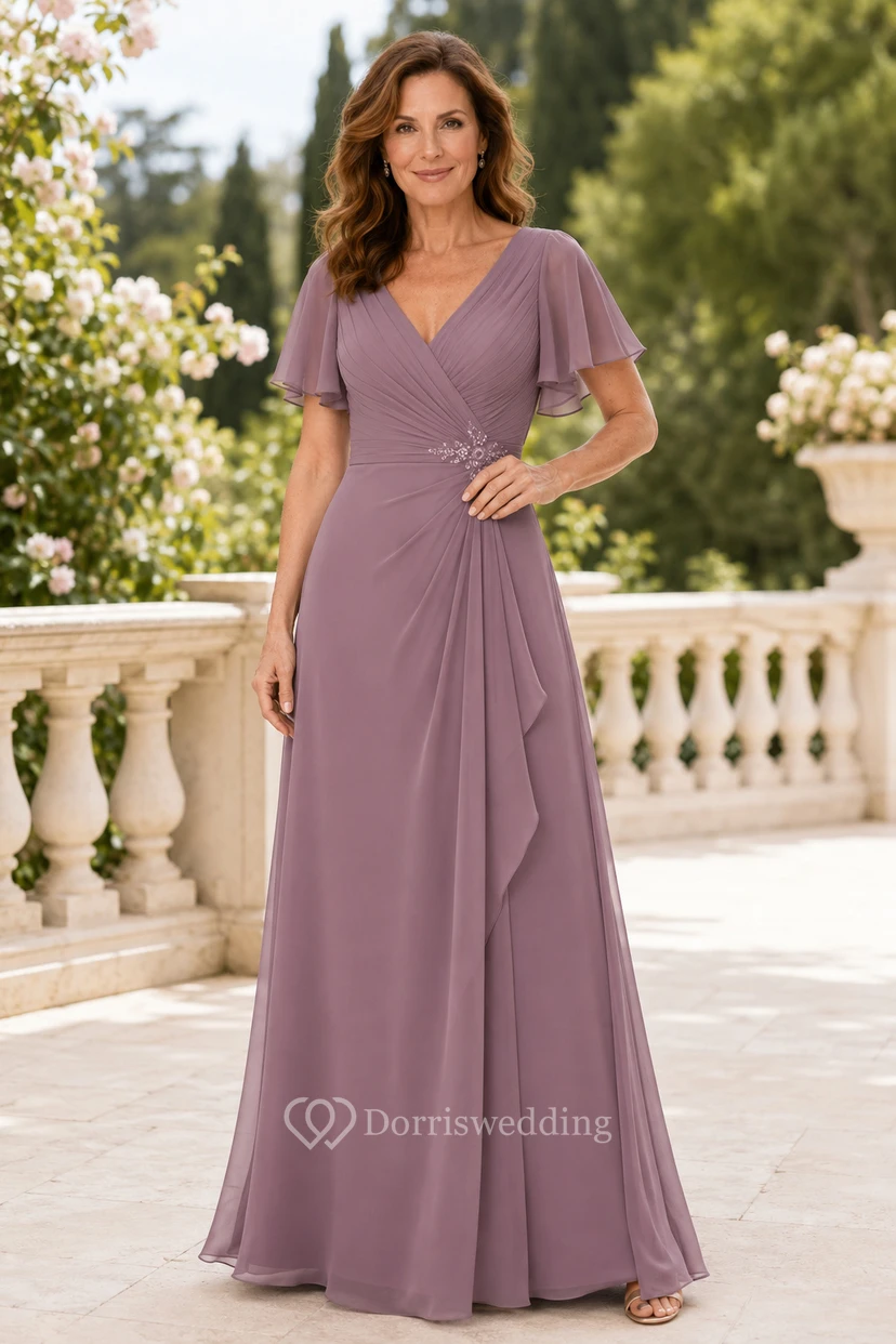 Vintage-Mutterkleid aus mauvefarbenem Chiffon mit V-Ausschnitt, A-Linie und flatternden Ärmeln