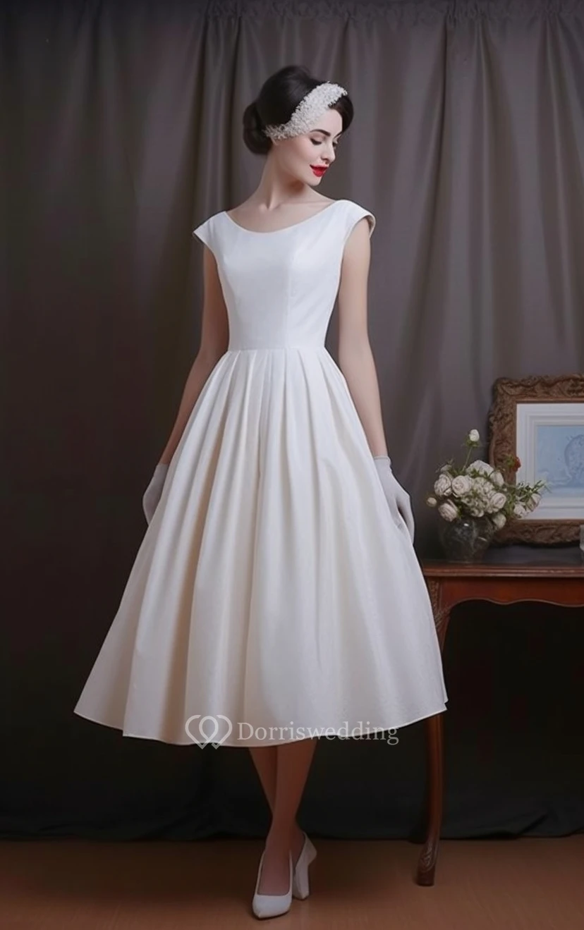 Scoop-neck Cap Satin Empire A-line Tea-length Retro Wedding Dress view 9
