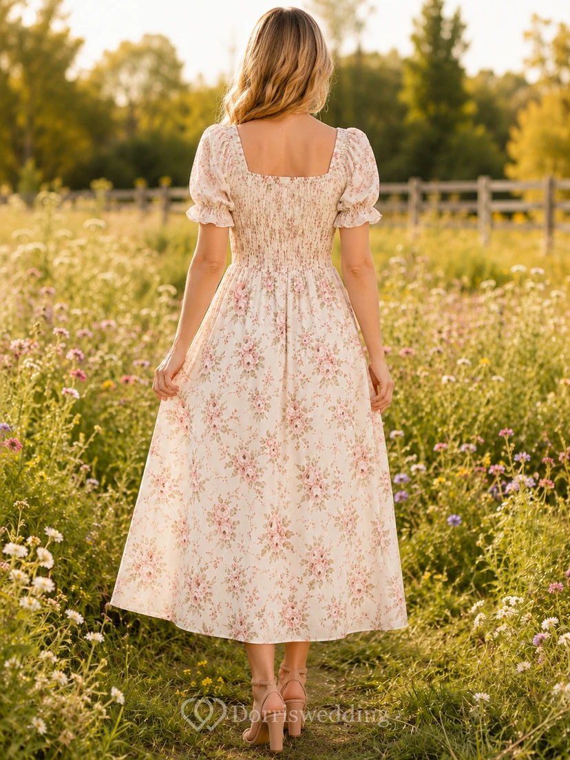 Floral Smocked Waist Square Neck Prairie Midi Dress view 2