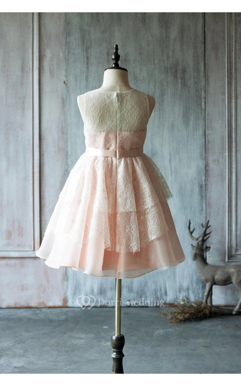 Illusion Bateau Neck Sleeveless A-line Layered Lace Gown With Flower Sash view 3