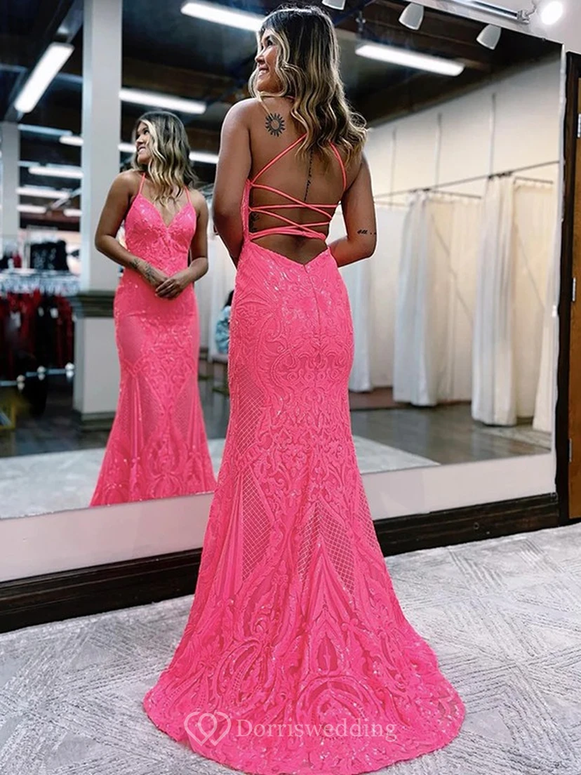 Spaghetti Mermaid Lace Sequin Sexy Exquisite Prom Dress view 5