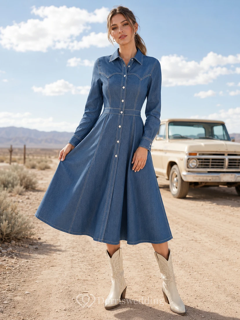 Steel Blue Notched Button Belted A-Line Country Shirt Dress Casual