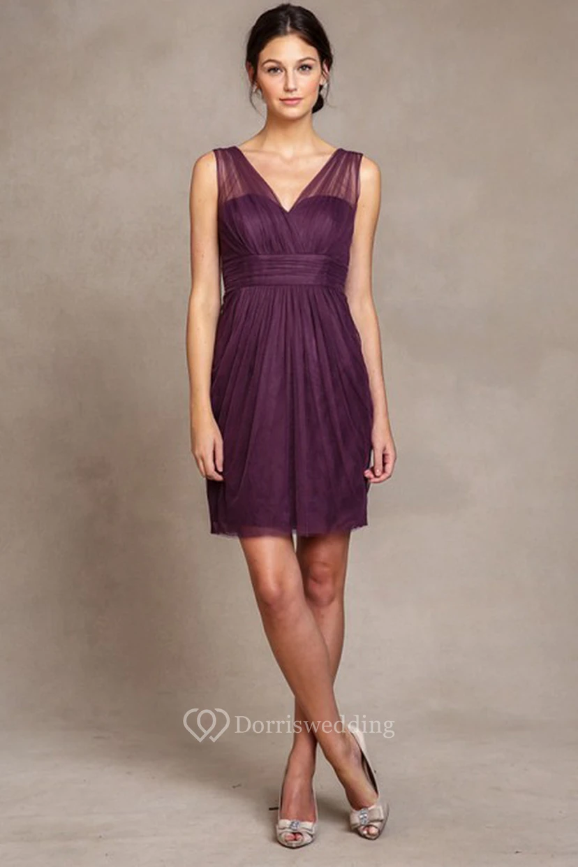 Short V-Neck Sleeveless Tulle Bridesmaid Dress With Ruching And V Back
