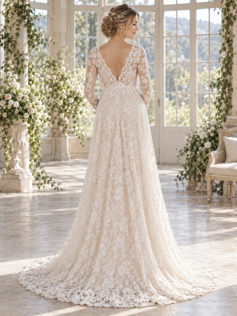 Robe de mariée de maternité à manches longues, col en V, style empire, dentelle florale et traîne view 2