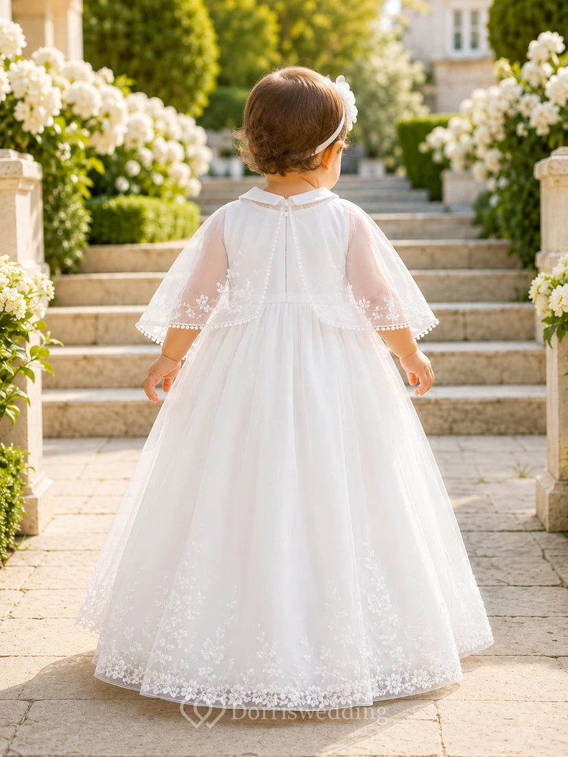 Vestido modesto para ceremonia de bautizo de bebé, corte A, largo hasta el suelo, cuello joya, manga corta, encaje de tul, capa desmontable, espalda abotonada. view 2