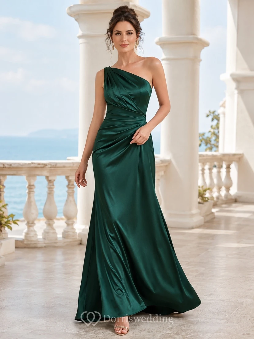 Dark Green Satin One-Shoulder Sleeveless Sheath Floor-length Formal Dress