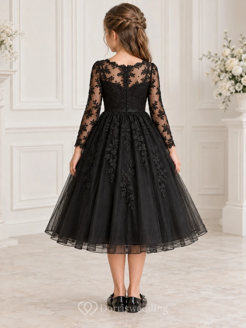 Black Long Sleeve Illusion Neck Floral Lace Tulle Tea Length Flowergirl Dress view 2