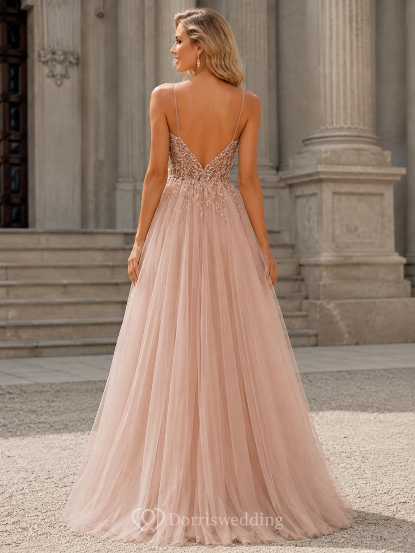 Casual Spaghetti Empire Tulle Pleated Prom Dress with Beaded Top view 2