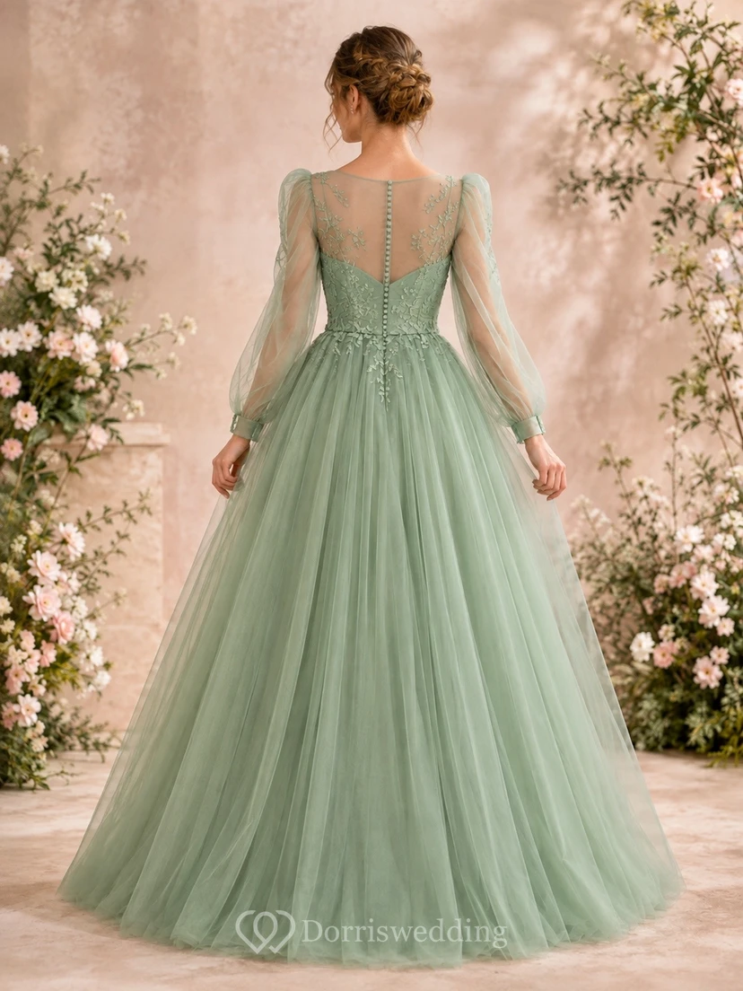 Sage Tulle Illusion Long-Sleeve A-Line Floor-Length Formal Dress view 2
