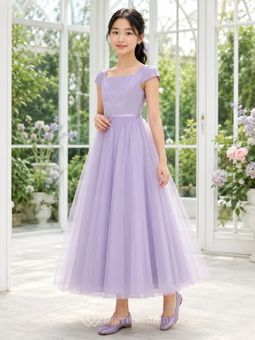 Lavendelfarbenes Brautjungfernkleid für junge Damen, A-Linie, Teelänge, eckige kurze Ärmel, bezaubernd, festlich