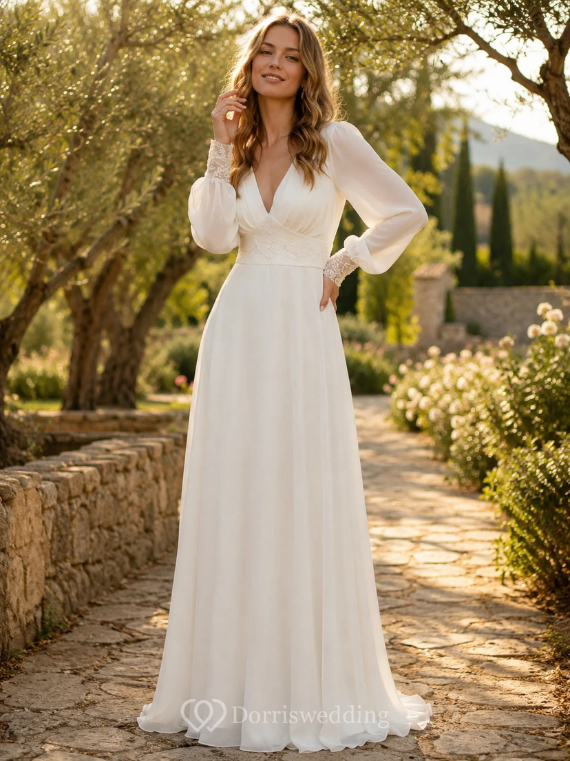 Langärmeliges Chiffon-Brautkleid in A-Linie mit offenem Rücken aus Spitze