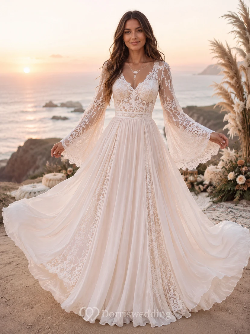 Robe de mariée bohème de plage à manches cloche, corsage en dentelle et coupe trapèze