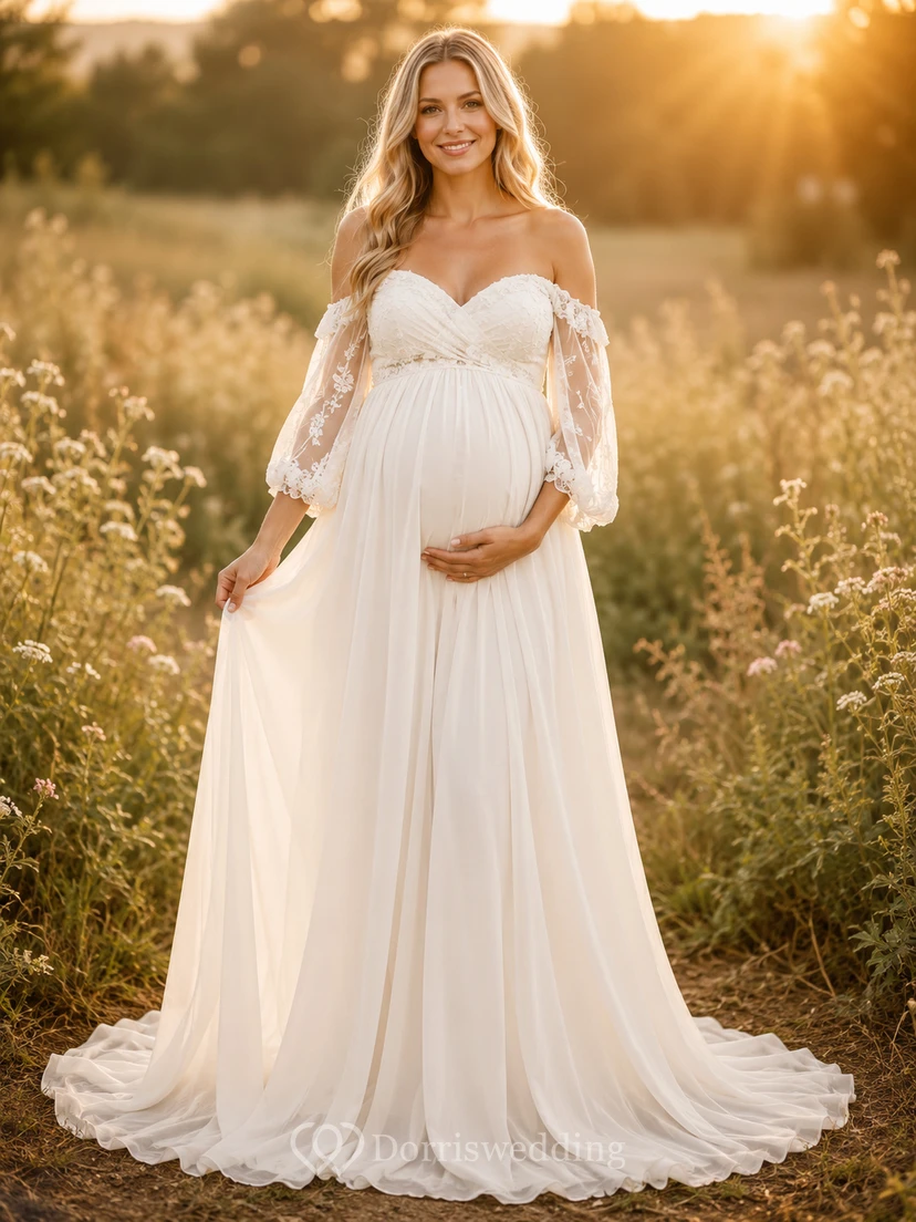 Maternity Wedding Dress Off Shoulder A-Line Tulle Gown with Lace Bodice and Sweep Train