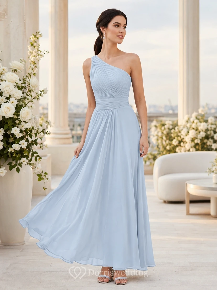 Sky Blue One-Shoulder Sleeveless Chiffon A-Line Floor-length Modern Evening Dress