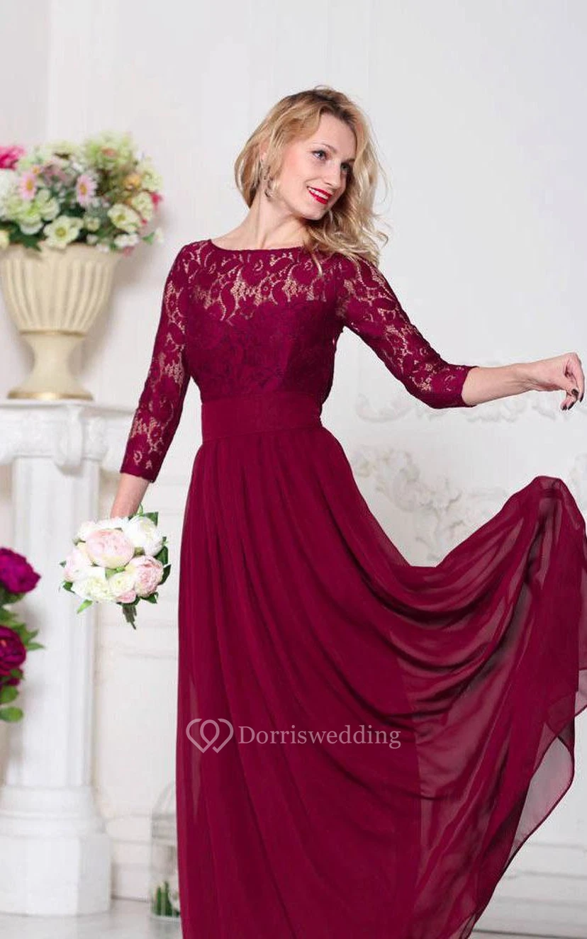Kleid aus Chiffon in A-Linie mit U-Boot-Spitze, Illusion-Optik, 3-4 Ärmeln, Falten und bodenlang