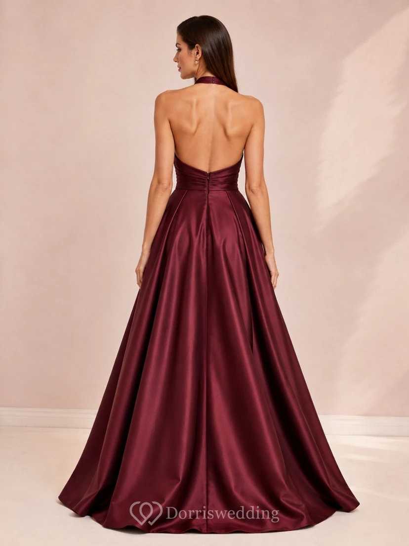 Burgundy Halter Sleeveless Satin Sweep Train Ball Gown view 2