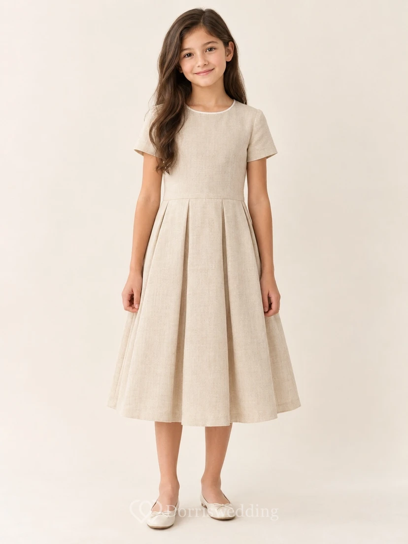 Simple Modest Sand Tea-length Dropped Waist Short Sleeve Broad Pleated Flower Girl Dress view 2