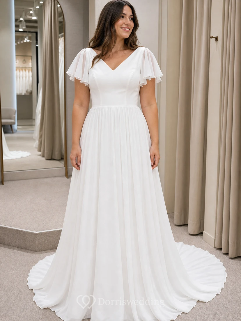 Robe de mariée décontractée en mousseline de soie, coupe trapèze, longueur au sol, traîne brossée, manches courtes et volants, col en V. view 6
