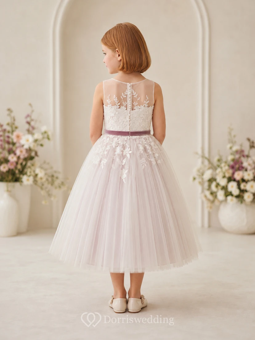 Flower Girl Dress A-Line Cream Mauve Lace Tulle Sleeveless Formal view 2