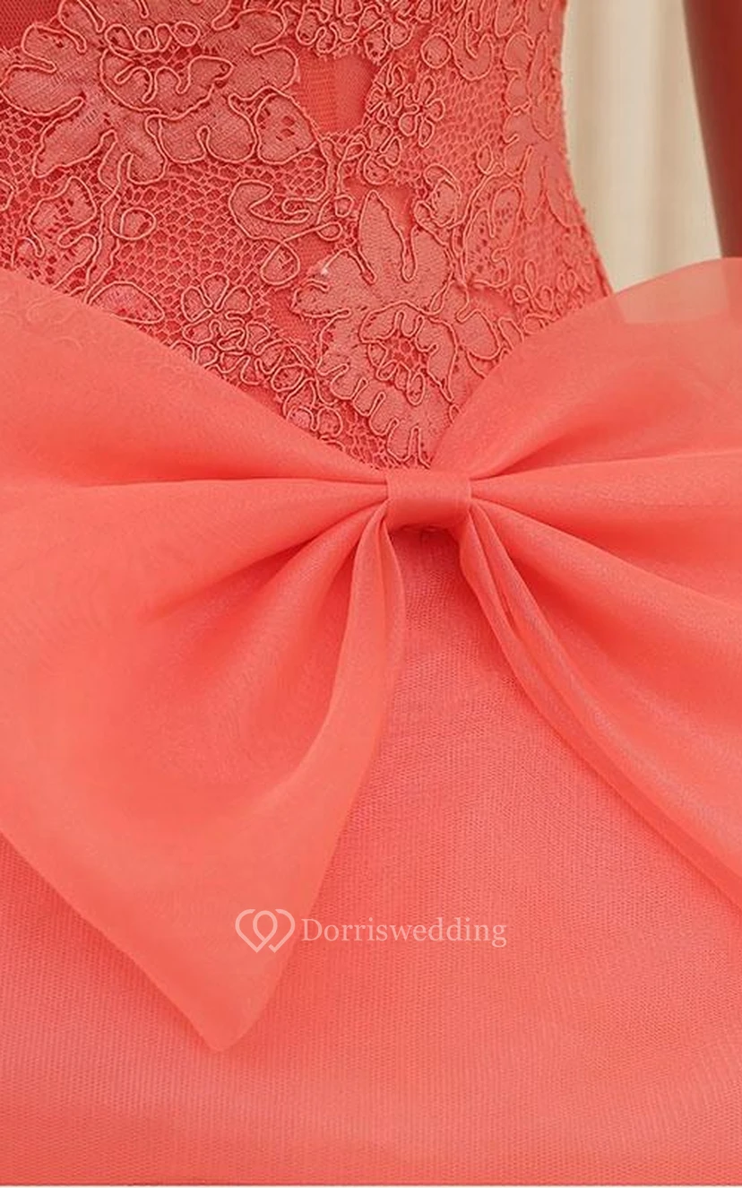 A-Line Ball Gown Floor-Length High Neck Bell Cap Bow Sweep Train Zipper Lace Organza Dress view 5