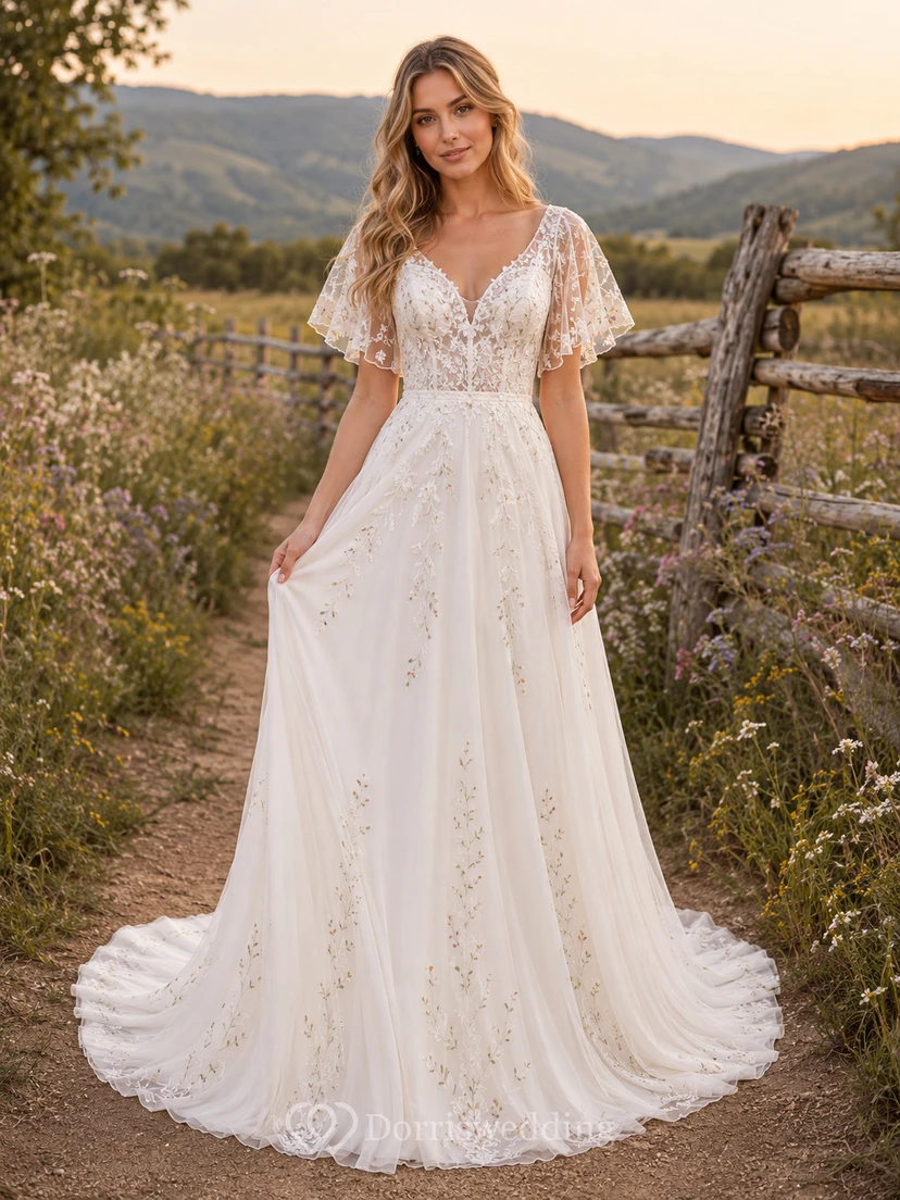 Robe de mariée champêtre en tulle, coupe trapèze, col en V, manches papillon, traîne chapelle, dos nu plongeant.