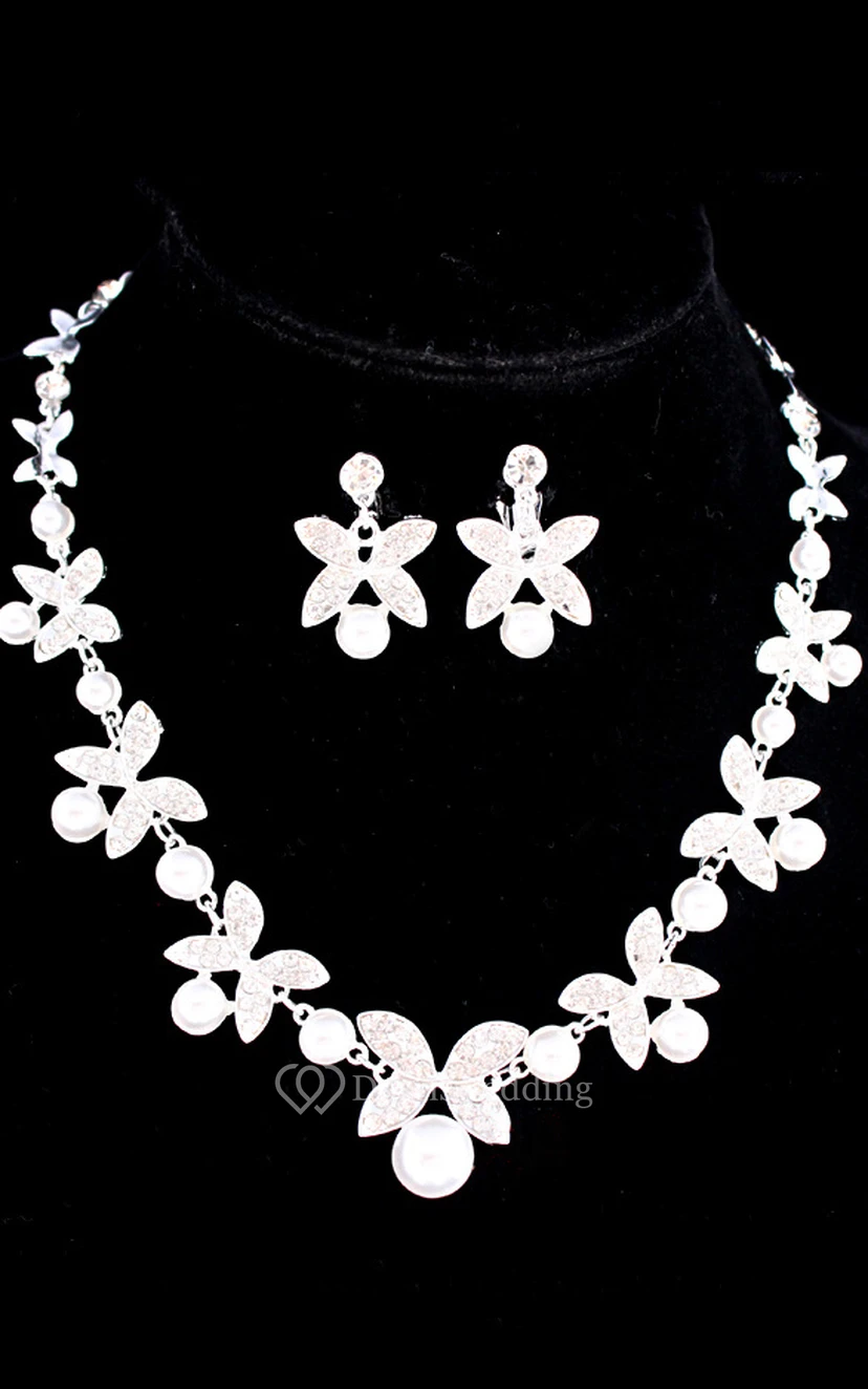 Brautschmuck-Set mit Perlen und Pailletten, zweiteilig: Ohrringe und Halskette