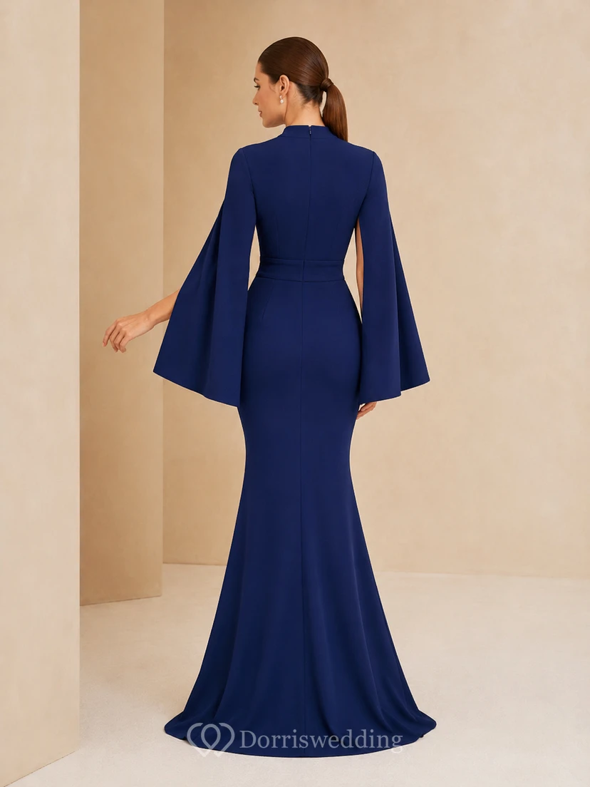 Royal Blue Bateau Crepe Cape Sleeve Evening Dress view 2