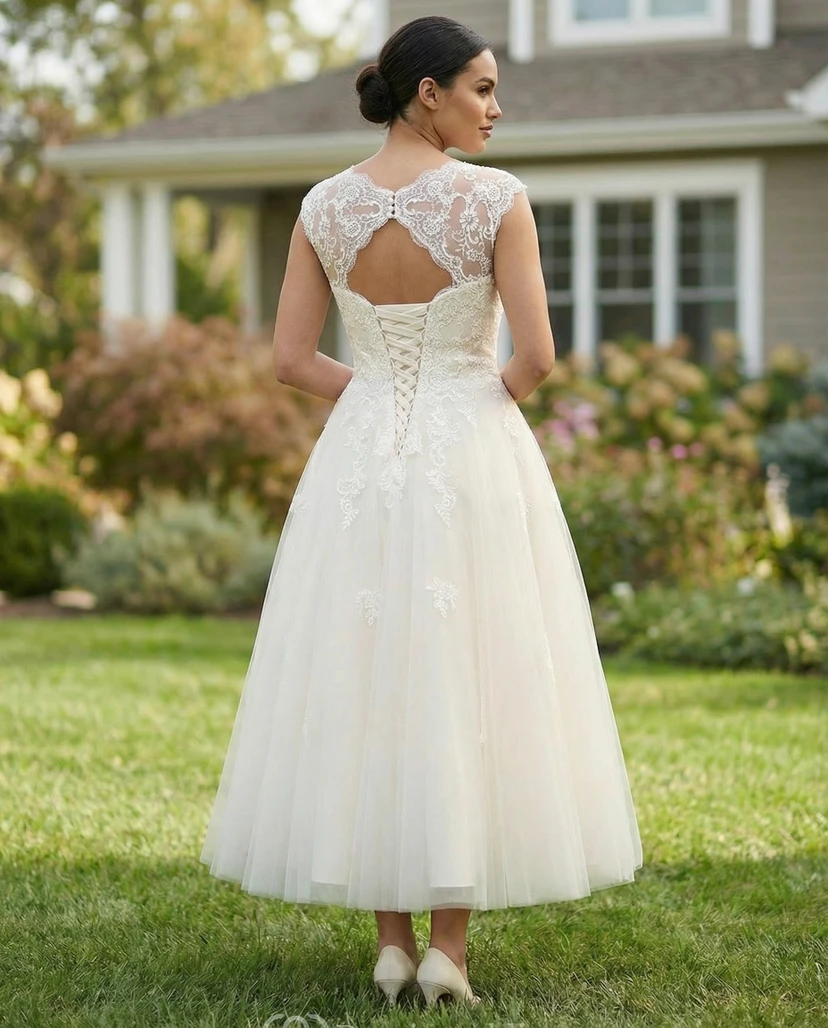 Plus Size Tea-Length Lace & Tulle Wedding Dress view 2