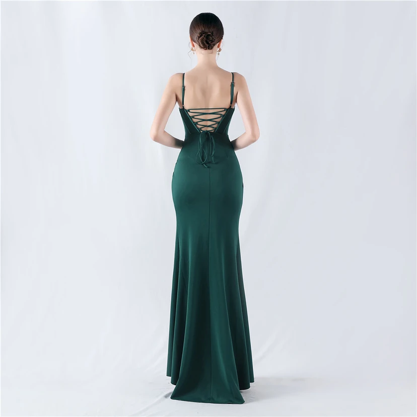 Fishbone Waist Set Crystal Diamond Satin Host Evening Dress view 51