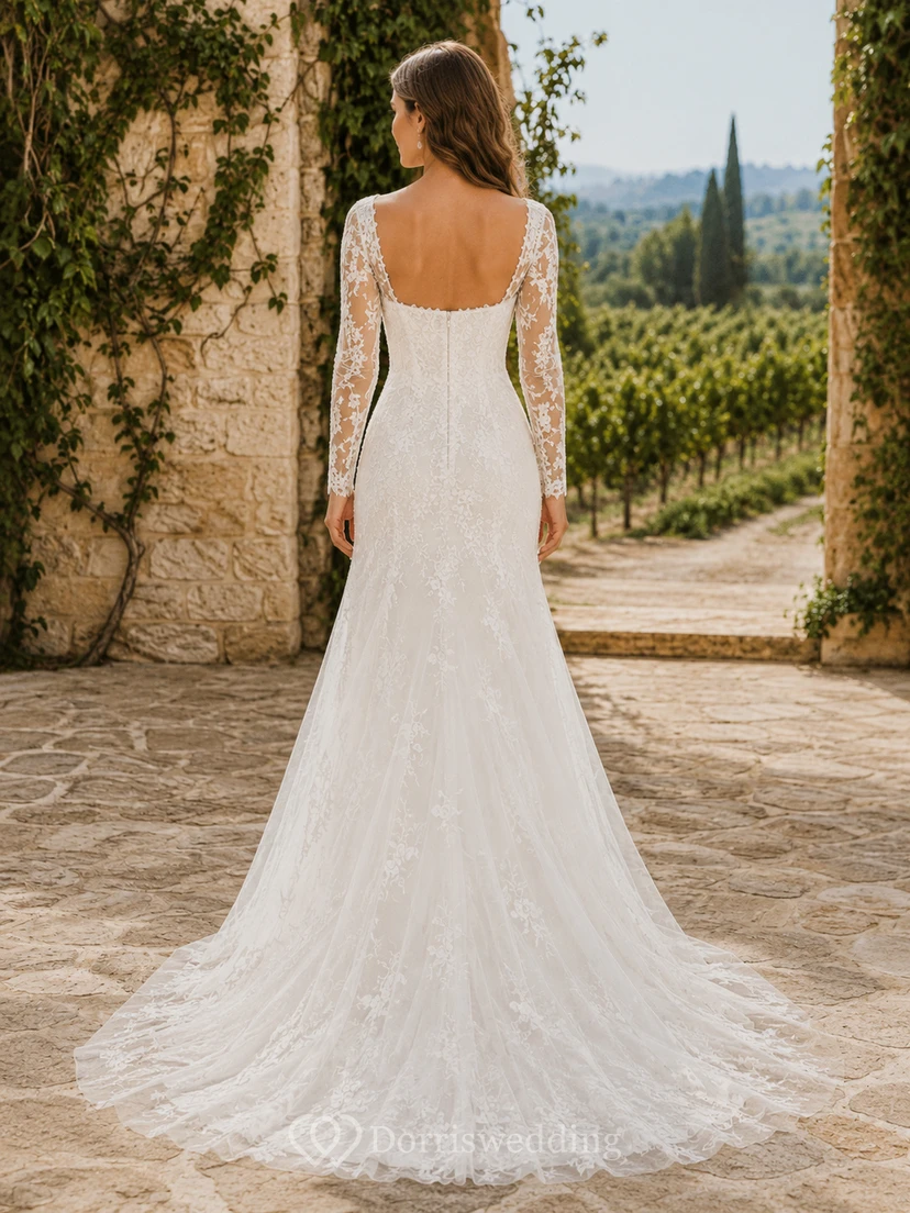 Robe de mariée sirène en dentelle à col carré et manches longues illusion view 2