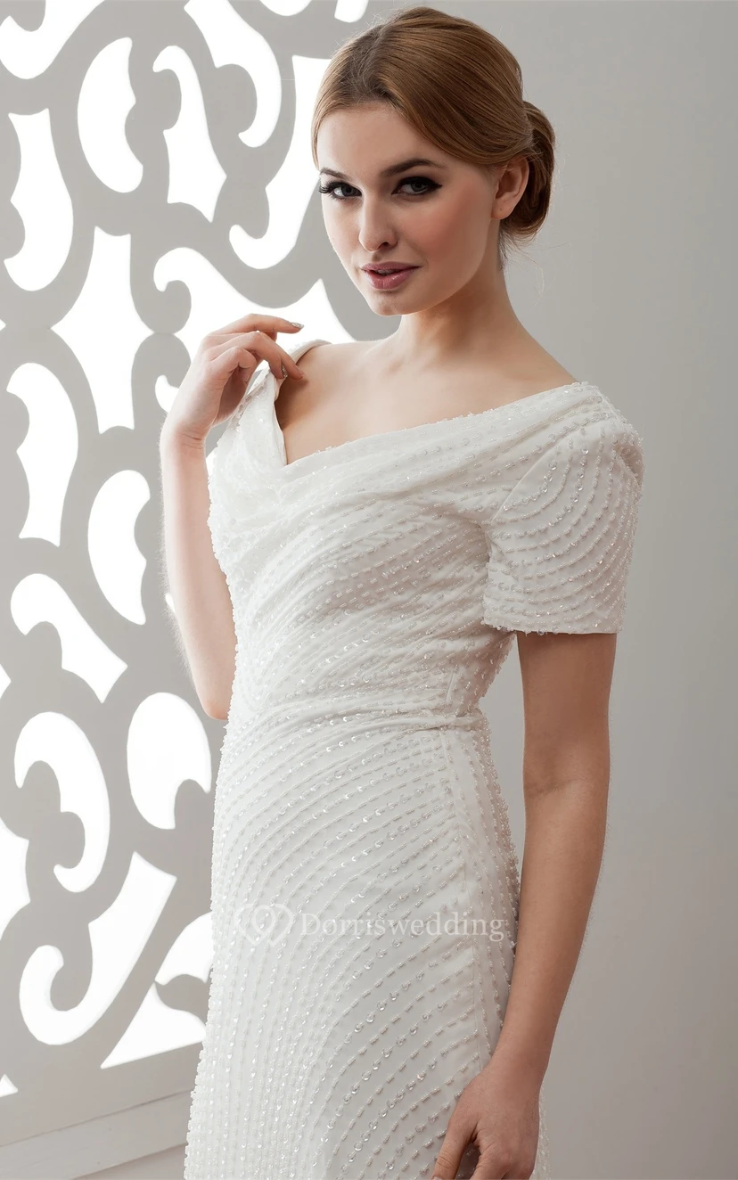 Mini-Sleeve Sheath V-Neck Sweep Train and Dress With Beading view 6