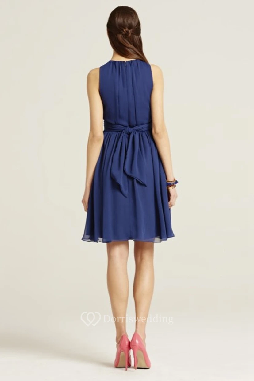Mini High Neck Ruched Sleeveless Chiffon Bridesmaid Dress With Bow view 2
