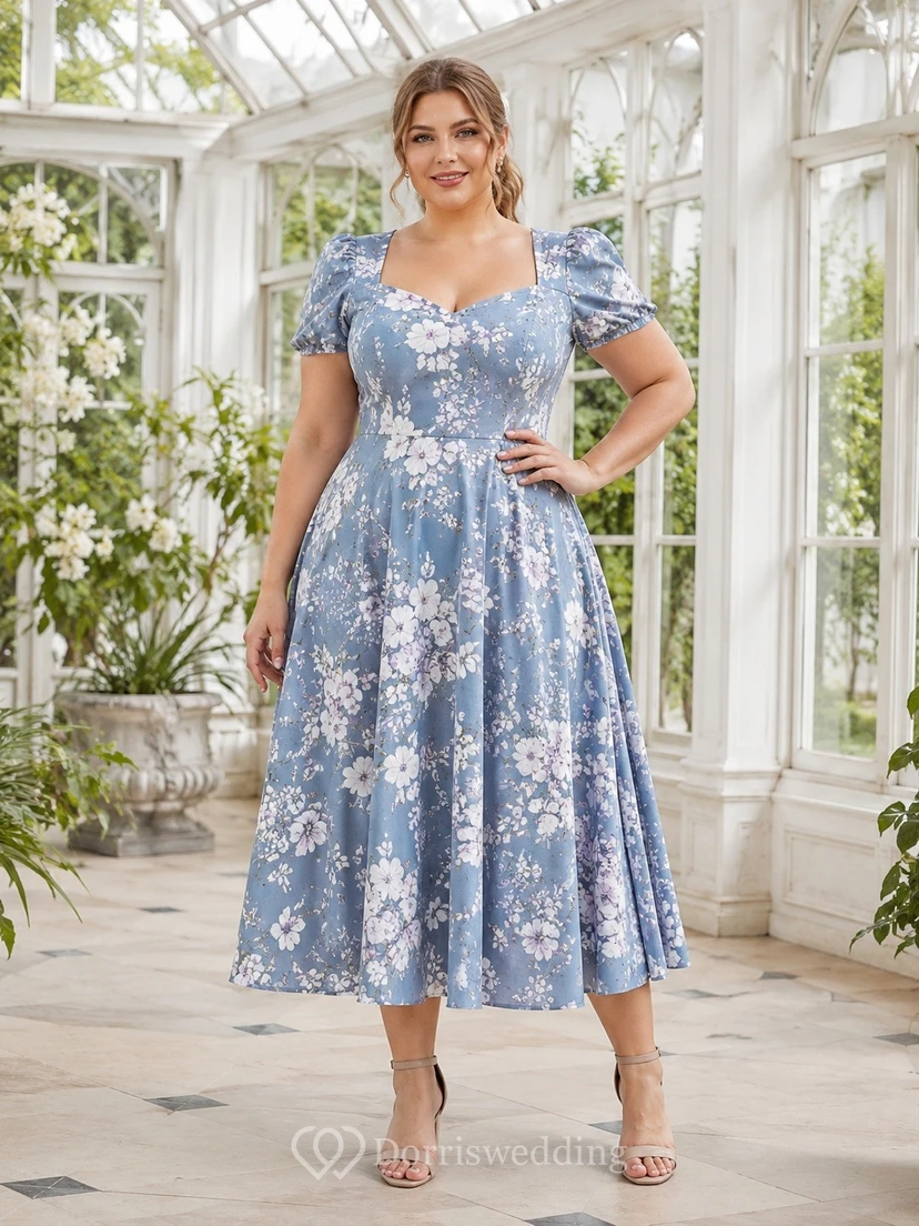 Lässiges, himmelblaues Chiffonkleid in A-Linie mit Blumenmuster in Übergröße, Teelänge, eckigem Ausschnitt und kurzen Ärmeln