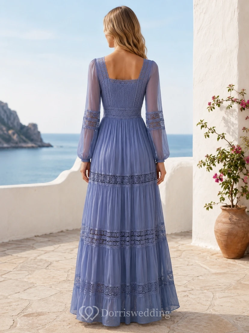 Slate Blue Square Neck Tiered Long Sleeve Bohemian Maxi Dress view 2