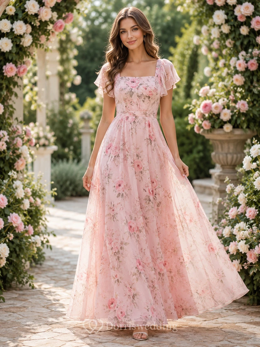 Blush floral flutter sleeve chiffon floor length A line bridesmaid dress