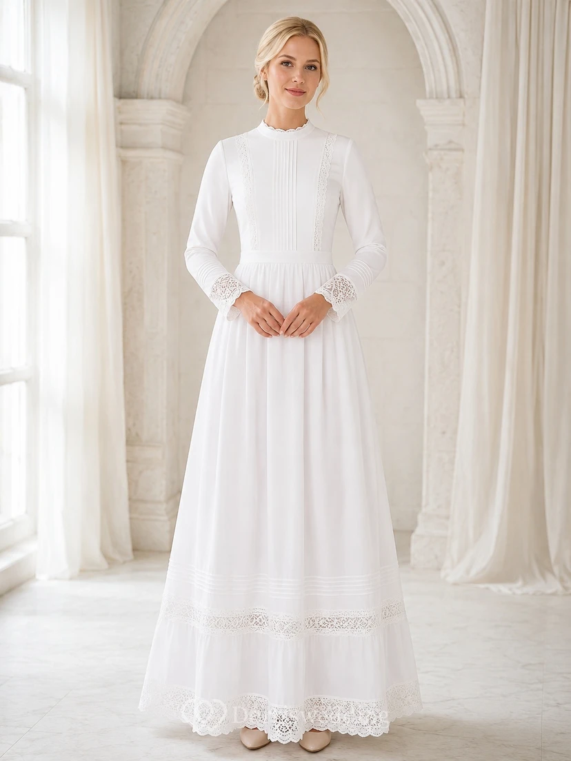 Modest High Neck Long Sleeve Chiffon Lace Trim A-Line Ankle Length Bridal Dress