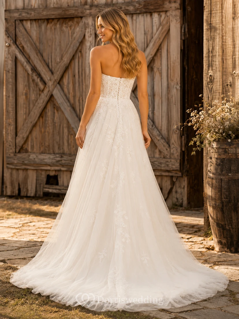 Robe de mariée de maternité, col en V, manches papillon, dentelle, coupe trapèze, style champêtre, traîne. view 2