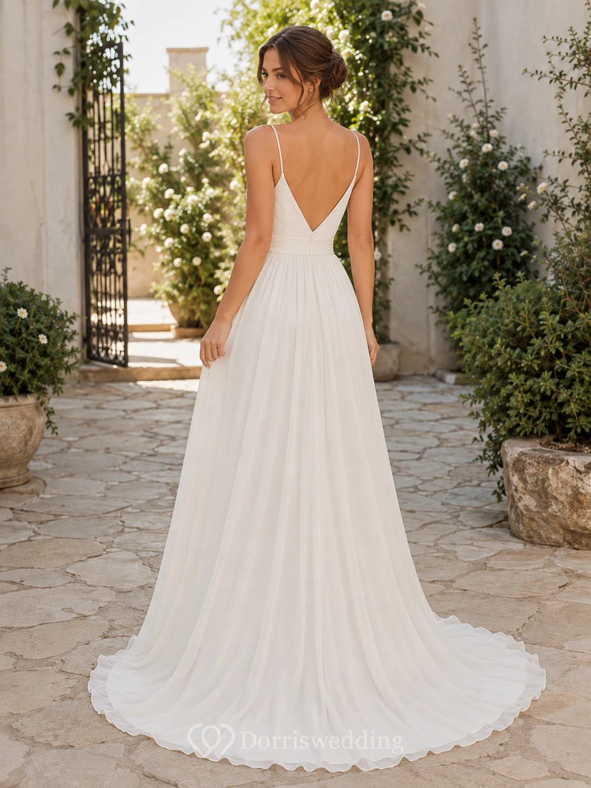 Minimalist Chiffon Wedding Dress A-Line Spaghetti Strap Sweep Train Bridal Gown view 2
